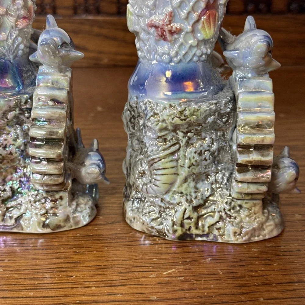 Vintage Pair Iridescent Dolphin Ocean Ceramic Vases 7.5